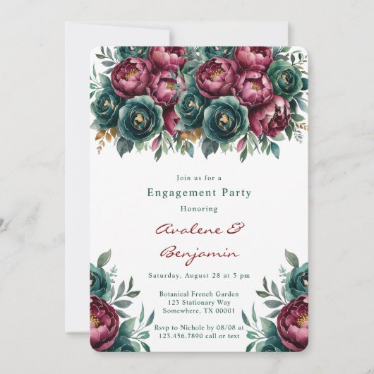 Elegante Bourgondische Emerald Peony Engagement Pa Kaart (Voorkant)