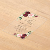 Elegante Bourgondische en blozen bloemenbruiloft Acryl Uitnodigingen (Laagn)
