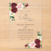 Elegante Bourgondische en blozen bloemenbruiloft Acryl Uitnodigingen (Voorkant)