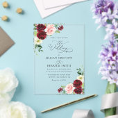 Elegante Bourgondische en blozen bloemenbruiloft Acryl Uitnodigingen (Insitu (Huwelijk))