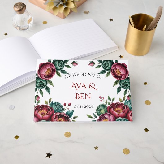 Elegante Bourgondische en Emerald Peony bruiloft Gastenboek (Voorkant open)