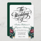 Elegante Bourgondische en Emerald Peony bruiloft Kaart (Voorkant / Achterkant)