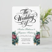 Elegante Bourgondische en Emerald Peony bruiloft Kaart (Staand voorkant)