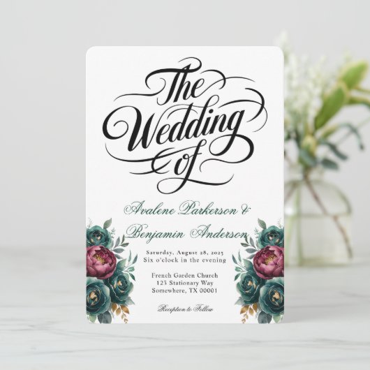 Elegante Bourgondische en Emerald Peony bruiloft Kaart (Staand voorkant)