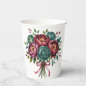 Elegante Bourgondische en Emerald Peony bruiloft Papieren Bekers (Achterkant)