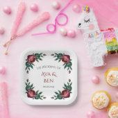 Elegante Bourgondische en Emerald Peony bruiloft Papieren Bordje (Feest)