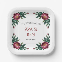 Elegante Bourgondische en Emerald Peony bruiloft Papieren Bordje