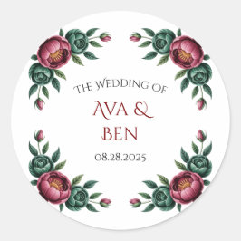 Elegante Bourgondische en Emerald Peony bruiloft Ronde Sticker