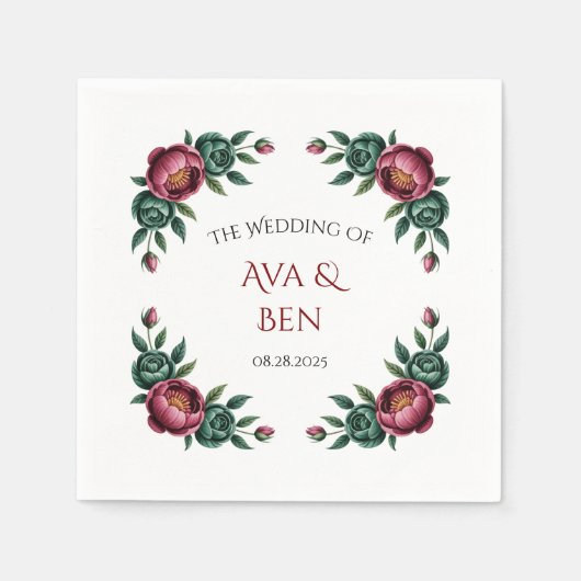 Elegante Bourgondische en Emerald Peony bruiloft Servet (Voorkant)