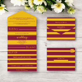 Elegante Bourgondische en gouden strepen Luxe brui All In One Uitnodiging