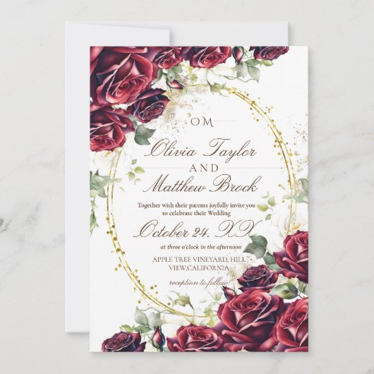 Elegante Bourgondische en rode rozen gouden bruilo Kaart (Voorkant)