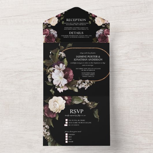 Elegante Bourgondische en roze bloemenbruiloft All In One Uitnodiging (Binnen)