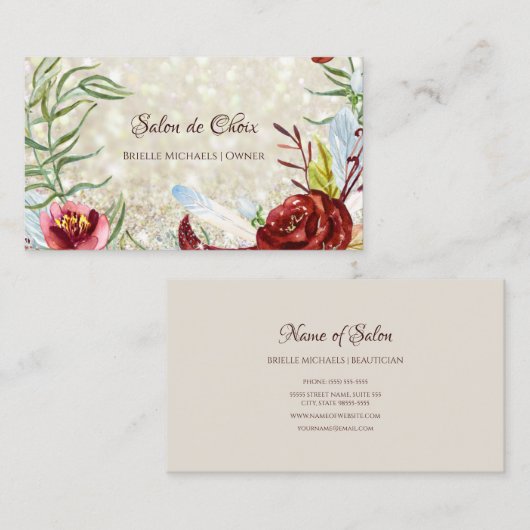 Elegante Bourgondische Floral Gold Glitter Beauty  Visitekaartje (Voorkant / Achterkant)