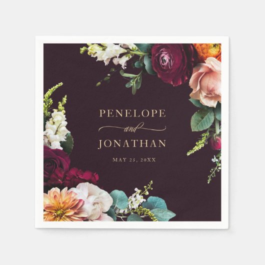 Elegante Bourgondische Floral Gold Script Wedding Servet (Voorkant)