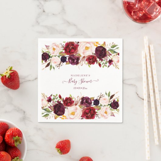 Elegante Bourgondische Floral Waterverf Baby showe Servet (Insitu)