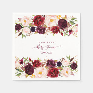 Elegante Bourgondische Floral Waterverf Baby showe Servet
