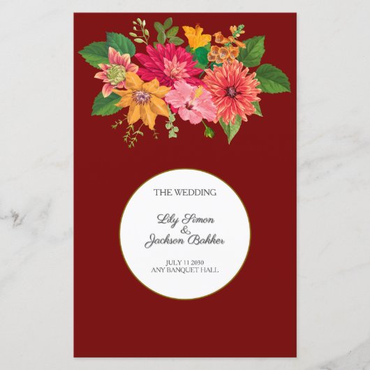 Elegante Bourgondische Floral Wedding Menu (Voorkant)