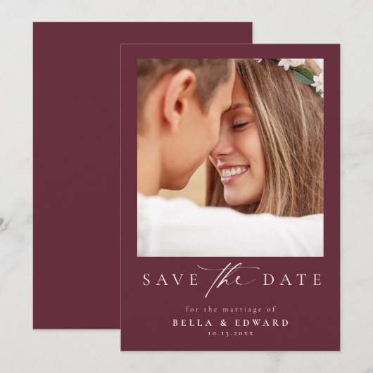 Elegante Bourgondische foto bruiloft Save the Date (Voorkant / Achterkant)