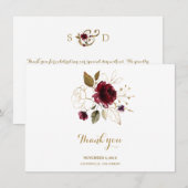 Elegante Bourgondische gouden bloemenbruiloft Dank Bedankkaart (Voorkant / Achterkant)
