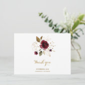 Elegante Bourgondische gouden bloemenbruiloft Dank Bedankkaart (Staand voorkant)