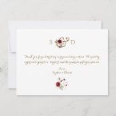 Elegante Bourgondische gouden bloemenbruiloft Dank Bedankkaart (Achterkant)