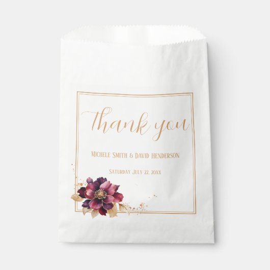 Elegante Bourgondische gouden bloemenscript bruilo Bedankzakje (Voorkant)