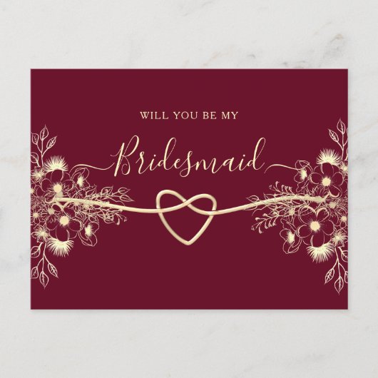 Elegante Bourgondische gouden bruidsmeisje voorste Uitnodiging Briefkaart (Voorkant)