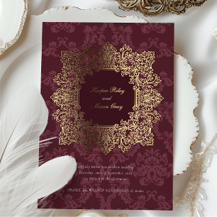 Elegante Bourgondische gouden folie barokke bruilo Uitnodiging