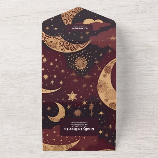 Elegante Bourgondische gouden hemelse bruiloft All In One Uitnodiging (Buitenkant)