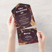 Elegante Bourgondische gouden hemelse bruiloft All In One Uitnodiging (Afscheurbaar)