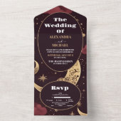 Elegante Bourgondische gouden hemelse bruiloft All In One Uitnodiging (Binnen)