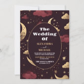 Elegante Bourgondische gouden hemelse bruiloft Kaart (Voorkant)