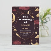 Elegante Bourgondische gouden hemelse bruiloft Kaart (Staand voorkant)