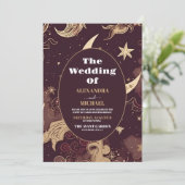 Elegante Bourgondische gouden hemelse bruiloft Kaart (Staand voorkant)