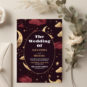 Elegante Bourgondische gouden hemelse bruiloft Kaart