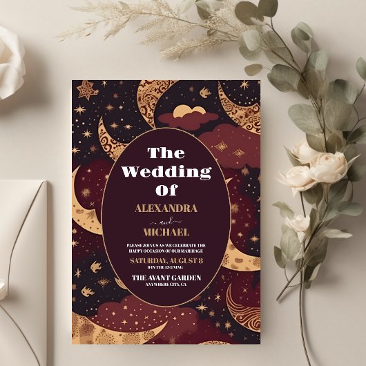 Elegante Bourgondische gouden hemelse bruiloft Kaart