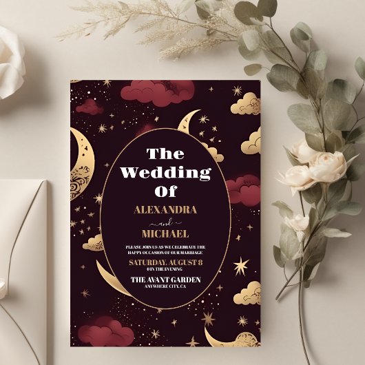 Elegante Bourgondische gouden hemelse bruiloft Kaart