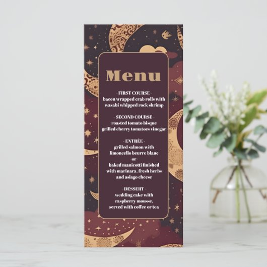 Elegante Bourgondische gouden hemelse bruiloft Menu (Staand voorkant)