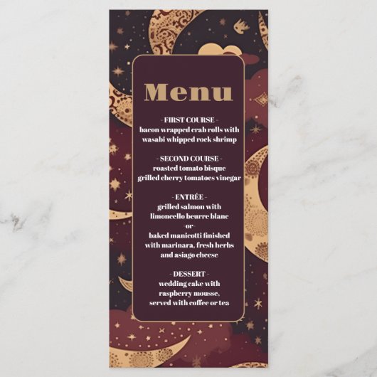 Elegante Bourgondische gouden hemelse bruiloft Menu (Voorkant)