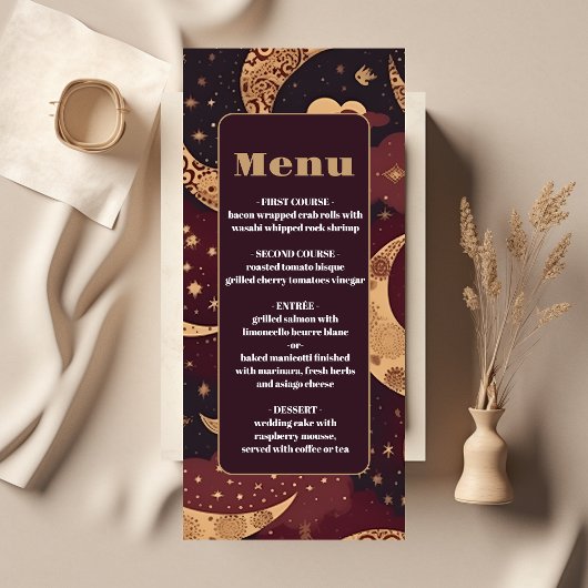 Elegante Bourgondische gouden hemelse bruiloft Menu