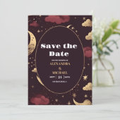 Elegante Bourgondische gouden hemelse bruiloft Save The Date (Staand voorkant)