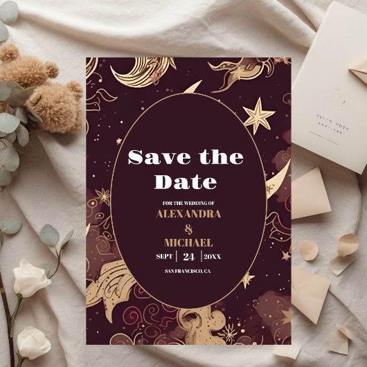 Elegante Bourgondische gouden hemelse bruiloft Save The Date