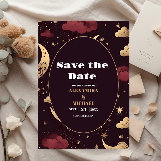 Elegante Bourgondische gouden hemelse bruiloft Save The Date