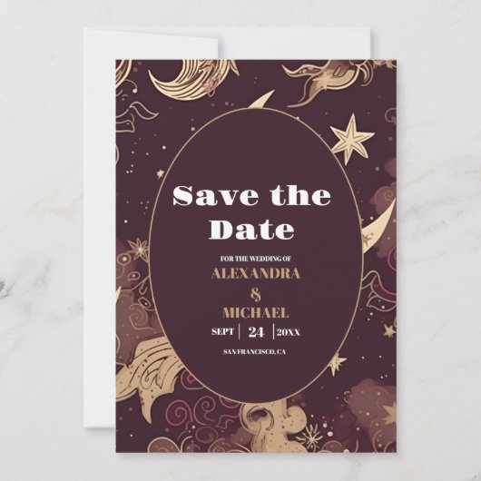 Elegante Bourgondische gouden hemelse bruiloft Save The Date (Voorkant)