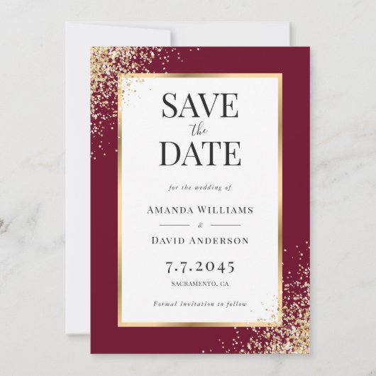 Elegante Bourgondische gouden Lijst Confetti bruil Save The Date (Voorkant)