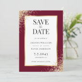 Elegante Bourgondische gouden Lijst Confetti bruil Save The Date (Staand voorkant)