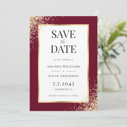 Elegante Bourgondische gouden Lijst Confetti bruil Save The Date (Staand voorkant)