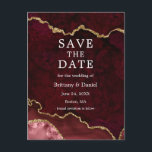 Elegante Bourgondische gouden marmeren geode Save Aankondigingskaart<br><div class="desc">Moderne Elegante Waterverf Bourgogne en Gouden Marmeren Agaat Geode Save The Date Briefkaart</div>