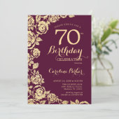 Elegante Bourgondische gouden Rozen 70e verjaardag Kaart (Staand voorkant)