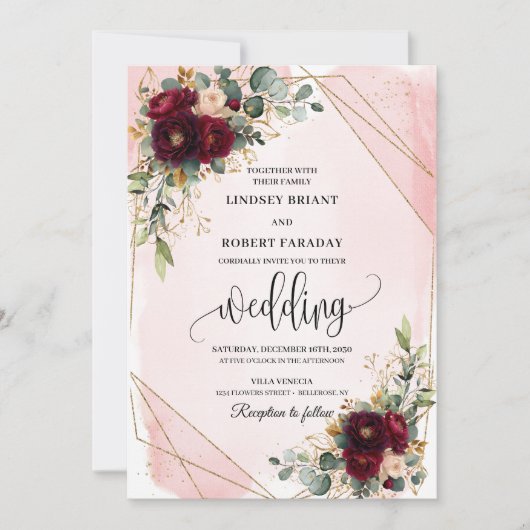 Elegante Bourgondische gouden Rozen Floral Wedding Kaart (Voorkant)